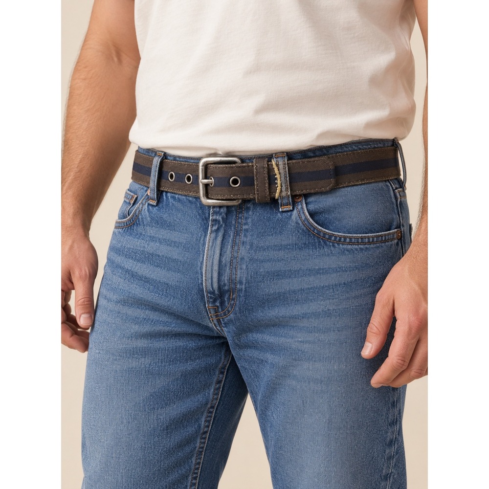 Aeropostale Mens Striped Canvas Leather Backed Belt Brown Navy Blue XL 8031